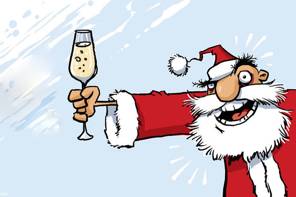 Santa cartoon with champagne
