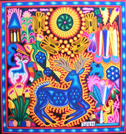 Guerra Deer Huichol yarn painting